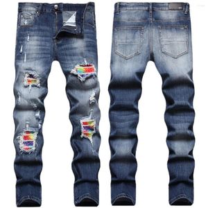 Heren jeans high-end gescheurde modemerk am high street persoonlijkheidspatch herfst en winter stretch slanke voeten lange broek