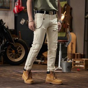 Jeans masculin jeans haut de gamme lavage de fermeture à glissière jeans beige fashionable pu belle moto ultra-mince la jambe élastique droite pantl2404