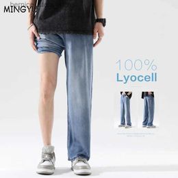 Jeans voor heren Hoge kwaliteit 100% Lyocell Jeans Heren Lente Zomer Toevallige elastische taille Denim broek Mannelijke Korea Losse rechte blauwe broek S-3XL Q231212