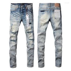 Jeans pour hommes de haute qualité bleu violet marque avec étiquettes pour hommes rue denim mince peinture motif graffiti trou endommagé pantalon déchiré extensible