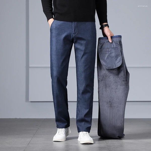 Jeans para hombres Ropa de marca de alta calidad Invierno Cálido Fleece Hombres Lyocell Tela Denim Negocios Pantalones rectos Tamaño grande 40 42