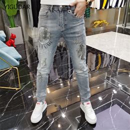 Men s jeans hoogwaardige grijs stretch slanke fit ontwerper mode print decor casual sexy street heren kleding 230313