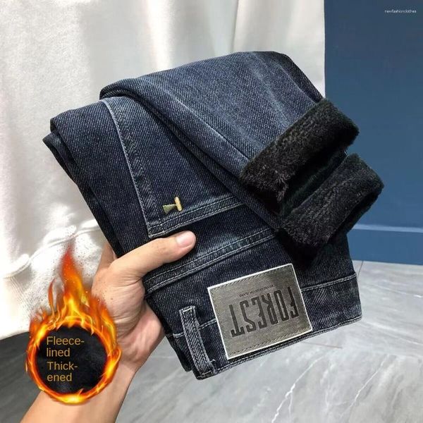 Jeans para hombres de alta calidad coreano de lujo casual denim slim fit longitud completa con vellón grueso moda invierno otoño pantalones de diseñador
