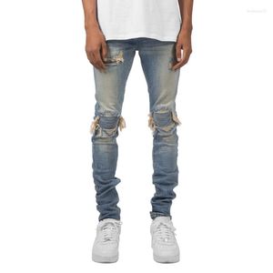 Heren jeans hoogwaardige heren gescheurd knie mode street broek dunne rimpel slanke fit elastische jeans