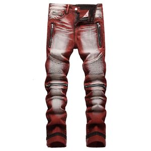 Jeans pour hommes de haute qualité hommes décontracté enduit droit plissé Biker mâle moto Denim pantalon Vaqueros Hombre grande taille 42 230217