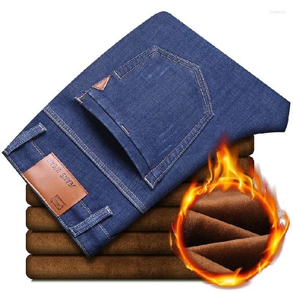 Jeans pour hommes Haute Qualité Hommes Polaire Business Casual Droit Stretch Denim Pantalon Automne Hiver Plus Taille Épaissir Pantalon Chaud