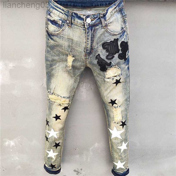 Jeans masculin de haute qualité hommes jean trole patch mode polyvalent jean déchiré stretch crayon pantwear streetwear élastique hip hop étoile motif jean w0413