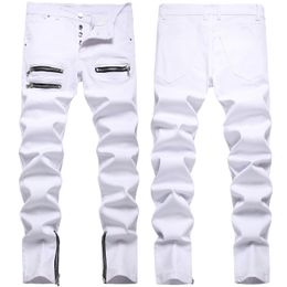 Jeans pour hommes de haute qualité pour hommes Stretch Slim-fit White Jeans Light Luxury Zipper Décoration Jeans Hip Hop Jeans de rue sexy et élégants; 230804