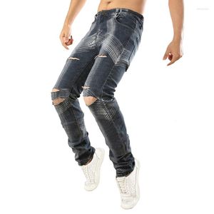 Jeans da uomo Pantaloni da motociclista Hiphop da motociclista grigio chiaro casual da uomo di alta qualità da uomo skinny di marca Runway Slim Denim elastico