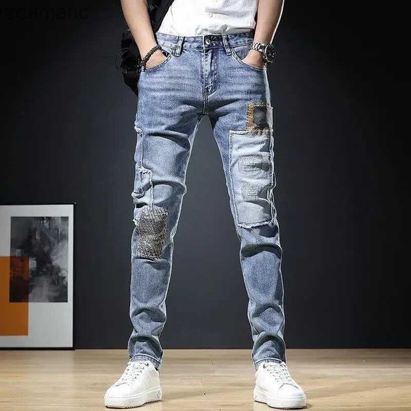 Jeans para hombres Mensos de alta calidad para hombres Slim Style Mender Pantalones de mezclilla Patches de moda callejera Blue Jeans rasguños de moda Pantalones de jeans casuales sexys; YQ231221