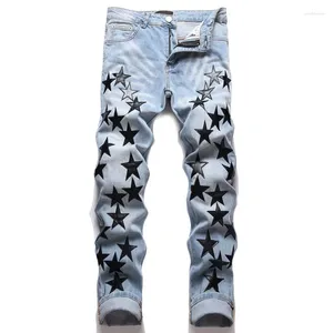 Herenjeans Hoge kwaliteit heren slim fit blauw licht luxe zwarte sterren borduurwerk versieren hiphop stijlvolle denim broek