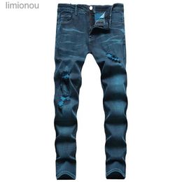 Jeans masculinos de alta qualidade mens slim fit buraco rasgado calças jeans luz luxo moda rua azul verde jeans arranhões sexy jeans casuais; l240119