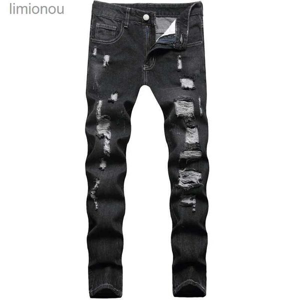 Jeans pour hommes Pantalon en denim déchiré par trou de coupe ajustée de haute qualité pour hommes style mendiant mode de rue jeans noirs rayures pantalons de jeans décontractés sexy; L240119
