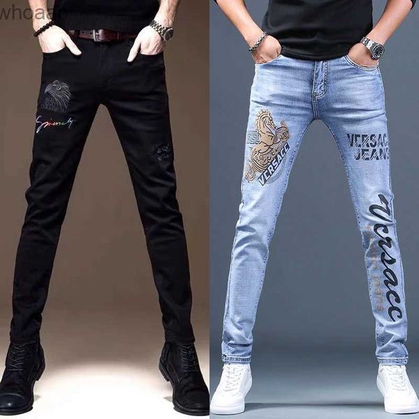 Pantalones vaqueros para hombre Pantalones de mezclilla azules elásticos ajustados de alta calidad para hombre, pantalones vaqueros negros bordados a la moda de la calle, pantalones vaqueros casuales sexys con rasguños; YQ231208