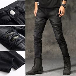 Calças de brim masculinas de alta qualidade novas calças de brim rasgadas de algodão preto ultra-fino motocicleta jeans masculino vintage calças de brim magros calças de hip-hop 231109