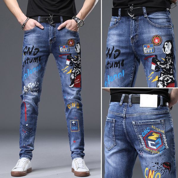 Jeans pour hommes Jeans imprimés de haute qualité Pantalon en denim extensible coupe ajustée Imprimés de singe Décors Jeans bleus Wash Scratchs Jeans décontractés; 230920