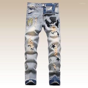 Hommes Jeans Haute Qualité Déchiré Pour Hommes En Cuir Lettre Broderie Patchwork Marque Collants Moto Pantalon Denim Pantalon