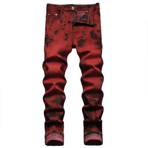 Heren jeans hoge kwaliteit slanke fit voor mannen tie-dye sneeuw wasst baksteen rode denim rechte broek streetwear mode casual broek Q240427