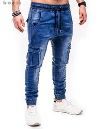 Мужские джинсы высокого качества, однотонные джинсы с карманами, мужские джинсовые хлопковые брюки, повседневные винтажные брюки-карго, эластичные джинсы-карандаш Drstring MaleL240119