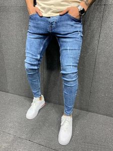 Jeans pour hommes de haute qualité porter un pantalon bleu denim effiloché mince petit pied élastique fermeture éclair poche pantalon ajusté