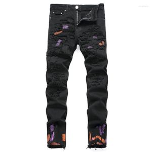 Jeans pour hommes High Stree Mens Slim Fit Stretch Marque Européenne Américaine Noir Rayé Casual Skinny Denim Pantalon Hommes Vêtements