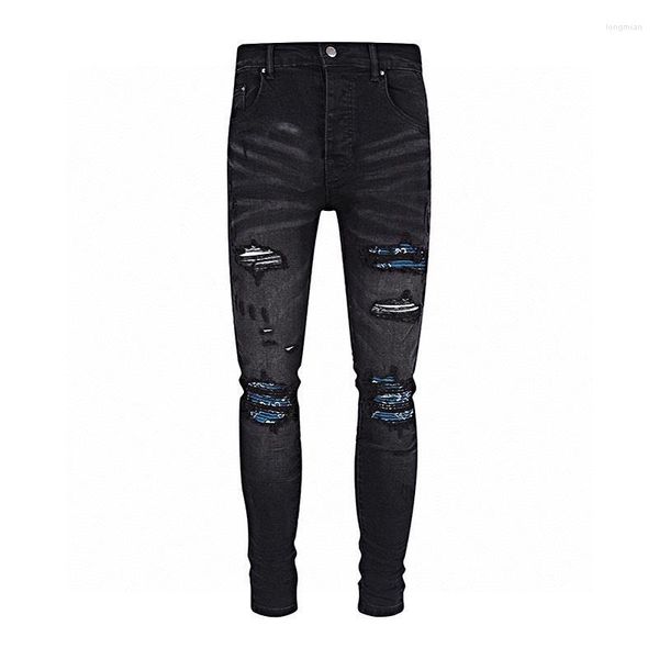 Jeans para hombres High Street 2023 Fashion Casual Risped Patch Adolescentes Cowboy Paint Pintura Splash Tinta Negra Pantalones Flacos Men