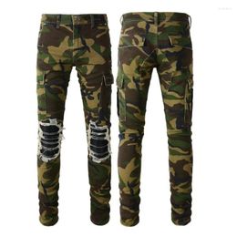 Men's Jeans High Street American Style Men avec un pantalon militaire de camouflage Réparation de mode Low Rise Skinny Denim Pantalon 536