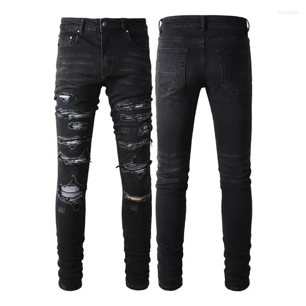 Men's Jeans High Street American Style Men avec un pantalon noir Réparation de mode Low Rise Skinny Moto Biker Denim Pants 891