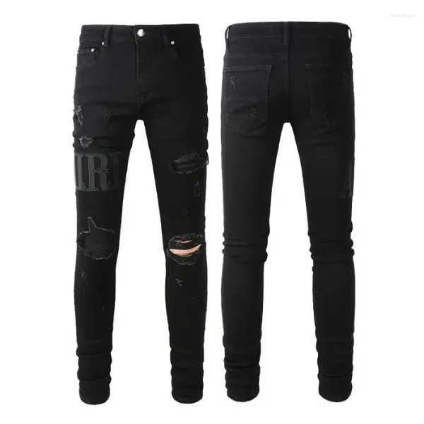 Men's Jeans High Street American Style Men avec des lettres de broderie noires Pantalons de mode Réparation de la mode Low Rise Skinny Denim Pantalon 892