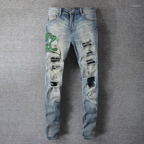 Pantalones vaqueros de Hombre de calle alta Animal serpiente bordado Patchwork Jean Hombre pantalones de motocicleta Streetwear rasgado Noir Homme cremallera para Hombre