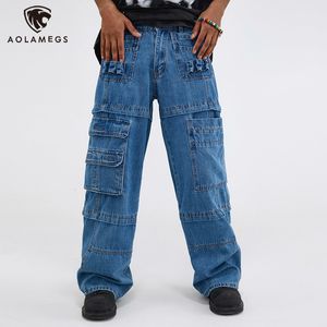 Heren Jeans High Street Asymmetrische Grote Opgestikte Zak Rechte Denim Broek voor Mannen Oversized Nep Riem Gewassen Broeken en Vrouwen 230809