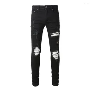 Heren jeans high street zwart noodlijdende mager stretch vernietigde gaten ribben patchwork gescheurd