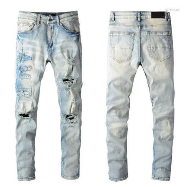 Männer Jeans High Street Schwarz Knie Loch Engel Druck Slim Fit Dünne Füße Für Männer Persönlichkeit Stretch Denim Hosen drak22