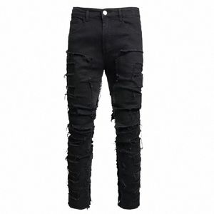 Jeans pour hommes High Street Noir Rétro Slim Streetwear Moustache Design Pantalon en denim déchiré Noir Fi Pleine longueur Y2K Pantalon o4Lk #