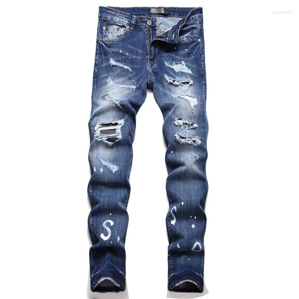 Jeans pour hommes High Street Blue Mens Ripped Fashion Design Lettre rayée Slim Fit Stretch Hip Hop Marque Skinny Denim Pantalons Hommes