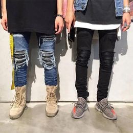 Jeans para hombres High Street Boys' Ripped Black Slim Fit Small Foot Patch Cuero Estiramiento Flaco Denim Pantalones Moda Lápiz Pantalones