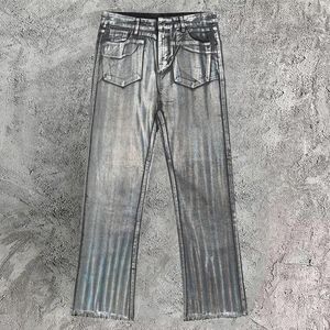 Jeans pour hommes High Street Bright Silver Casual Loose Laser Noir pour hommes et femmes Pantalons de moto Baggy Streetwear