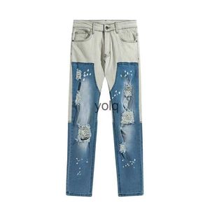 Jeans voor heren High Street Broken Hole Patch Skinny Tapered Jeans Slim Fit jeans voor heren met elastische voeten Onregelmatige gesplitste bedelaar-denimbroek Yolq