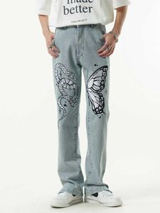 Heren jeans high street vlinder en slang borduurwerk rechte jeans broek heren enkel rits ritsje retro zakken losse denim broek hiphop z0225