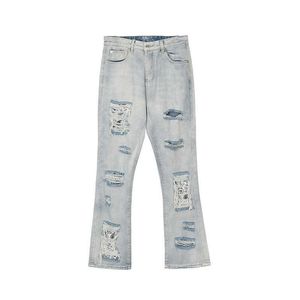 Jeans pour hommes High street fleur de cajou couture couleur claire trou lâche micro La jeans décontractés lavés