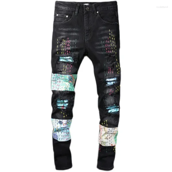 Jeans para hombres High Street Color Costura Bordado Negro Roto Cobre Parche Elástico Slim Lápiz Pantalones Tide 815