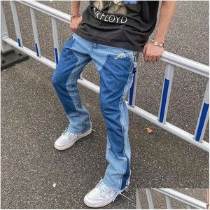 Jeans masculin couleurs de la rue haute épissée masculine lavée surdimensionnée large jambe droite en jean pantalon rétro pantalon décontracté lâche Drop deli dh1ks