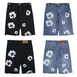 Jeans para hombres High Street Denim Short Mujeres Graffiti de flor de flores pantalones cortos lavados Vintage Pantalones rectos rectos Pantalones de verano