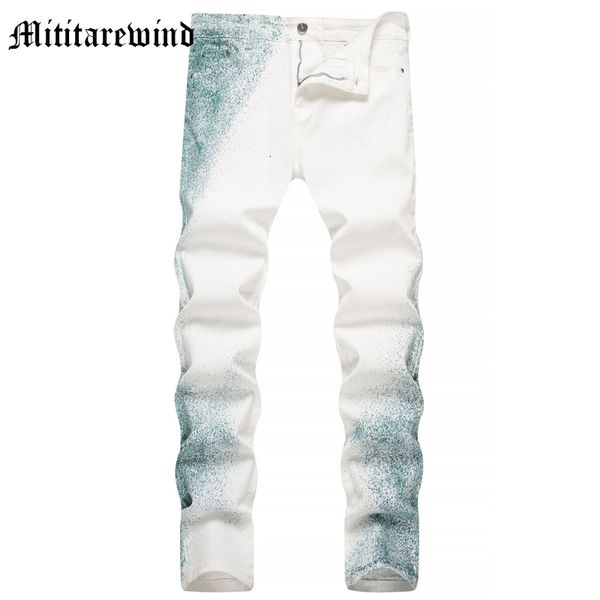 Jeans para hombres High Street Design Splash Ink Slim White Casual Moda Pintura Pantalones de mezclilla Hip Hop Y2k Streetwear Pantalones juveniles 230823