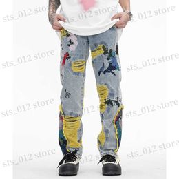 Jeans pour hommes High Street Designer Jeans pour hommes Trou Broderie Baggy Casual Denim Pantalon Unisexe Frayed Distressed Patchwork Cargo Pants T230705