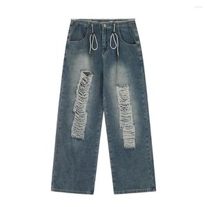 Pantalones vaqueros para hombre High Street European Hole Loose Man Washed Blanqueado Retro Straight Full Length Casual Denim Pantalones de pierna ancha Four Seasons