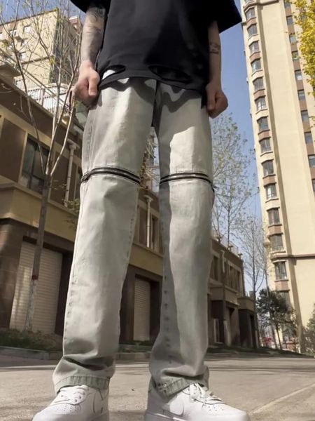 Jeans pour hommes High Street Mode et fermeture à glissière au genou pour femmes Pantalon Harlan droit en vrac Tendance détachable