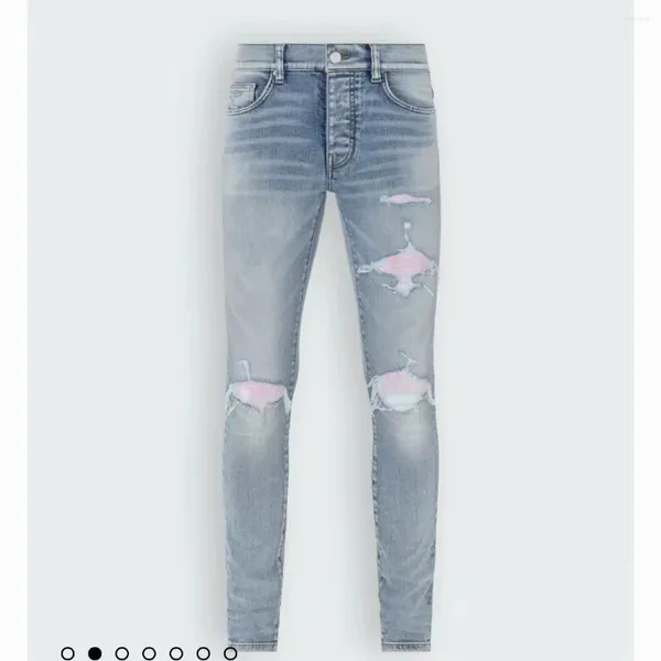 Jeans para hombres High Street Fashion Brand Blue Letter Pink Parche bordado Slim Men