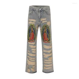 Jeans pour hommes High Street Mode Contraste Patch Broderie Endommagé Hommes Droite Lâche Casual Denim Pantalon