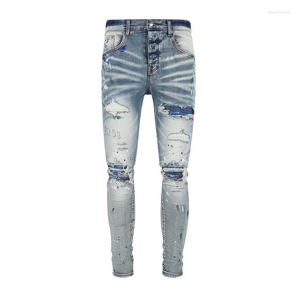 Jeans pour hommes High Street Fashion Designer Hommes Rétro Bleu Stretch Skinny Ripped Button Peint Patché Hip Hop Marque Pantalon